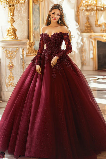 Robe de bal bordeaux épaules dénudées Robe Quinceanera appliquée à manches 3/4